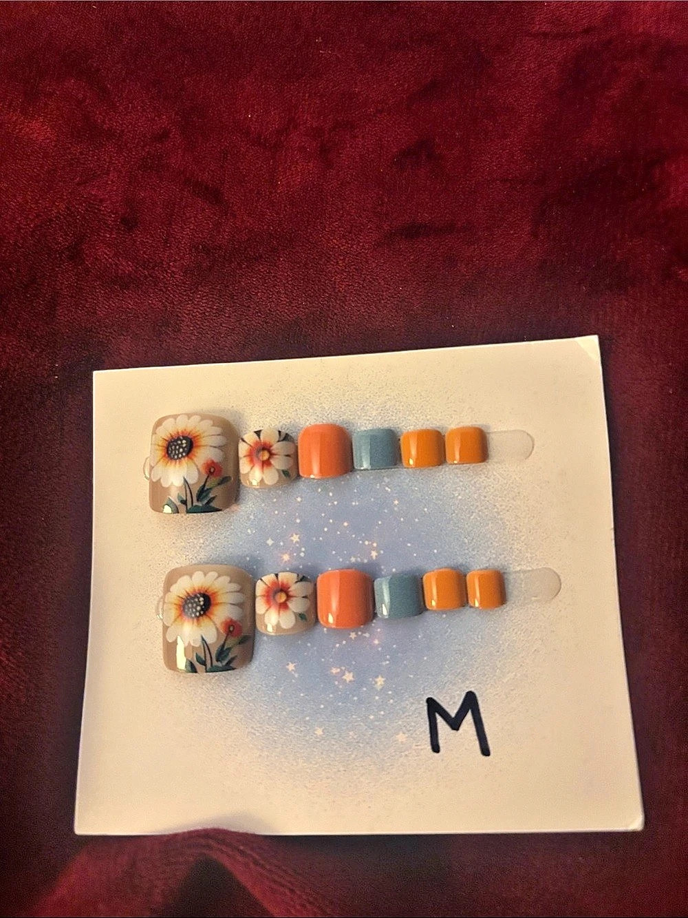 Floral Press-On Nails Orange & Blue Medium